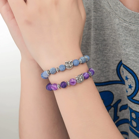Bracelet Perles Hibou Pierre Naturelle Agate Oeil De Tigre Turquoise Charme Alliage Bijoux Boho Rétro Pour Hommes Femmes