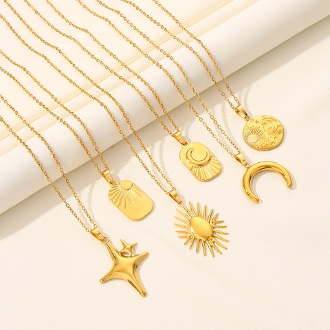 Edelstahl Sonne Mond Stern Anhänger Halskette 18K Vergoldet Retro Himmlischer Boho Schmuck Für Damen
