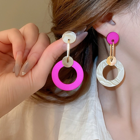 Asymmetric Geometric Circle Dangle Earrings With Silver Earring Post Alloy Acrylic Marble Pattern For Women Fashion