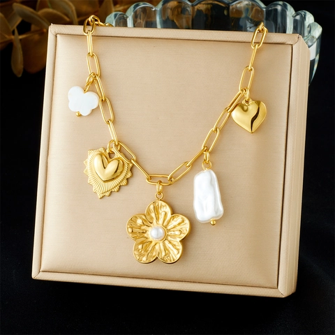 Collar De Acero Inoxidable Chapado En Oro Con Múltiples Colgantes Para Mujer Corazón Flor Perla Artificial Imitación Estilo Vintage