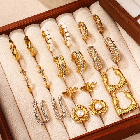 Stainless Steel Gold Plated Hoop Stud Earrings Faux Artificial Pearls Rhinestones Women Vintage Elegant Fashion Accessories