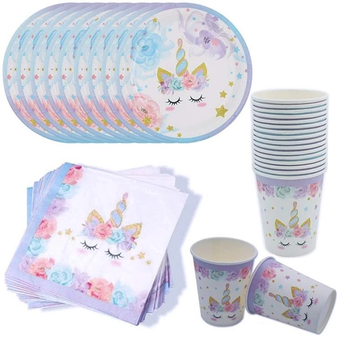 Unicorn Theme Party Tableware Disposable Paper Plates Cups Napkins And Straws Purple Floral Kids Birthday Decoration