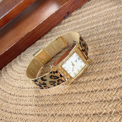 Women Quartz Watch Leopard Print Square Case Fashion Stainless Steel Mesh Strap Waterproof Trendy Wristwatch