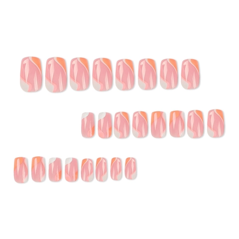 Press On Nails Abstract Wave Pattern Orange Pink White Splice Long Coffin False Fingernails For Women Elegant Manicure