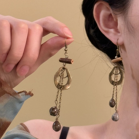 Boheemse Retro Houten Kwastje Oorbellen Met Geometrische Legering Ring En 925 Zilveren Oorbel Post Voor Vrouwen