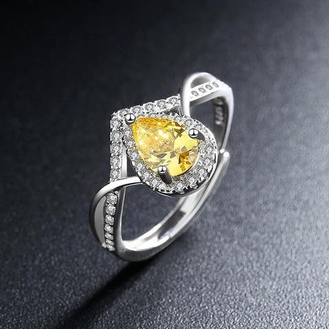 Wassertropfen Gelb Zirkonia Offener Ring Für Damen Eleganter Koreanischer Stil Eingelegter Verstellbarer Kupfer Ring Schmuck