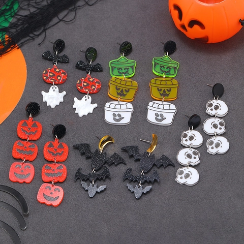Halloween Ohrringe Acryl Anhänger Mit Edelstahl Ohrstecker Kürbis Fledermaus Geist Skelett Glitzer Party Kostüm Damen