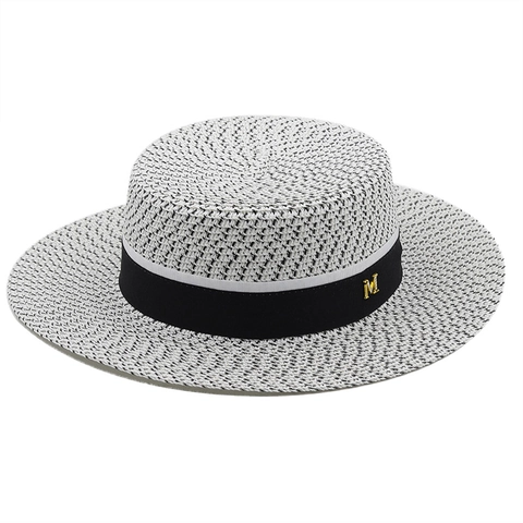 Cappello Paglia Boater Tesa Larga Protezione Solare Traspirante Vacanze Mare Stile Francese Donne Lettera Metallo Decor