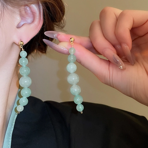 Orecchini Pendenti Con Pietra Avventurina Perline Sfumate Rame Stile Cinese Eleganti Con Silver Earring Post
