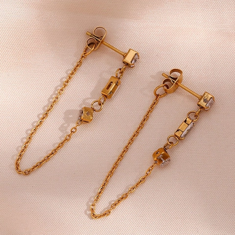 Stainless Steel Zirconia Geometric Round Heart Square Chain Drop Earrings Gold Plated Tassel Fashion Jewelry For Women