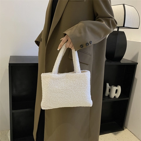 Damen Plüsch Handtasche Weiche Lammwolle Tote Bag Herbst Winter Kleine Quadratische Tragbare Modische Tägliche Tasche