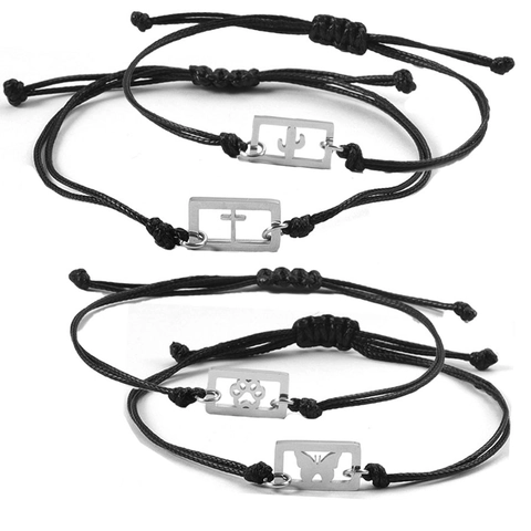 Bracelet En Corde Tressée Minimaliste Avec Pendentif Carré Creux En Acier Inoxydable 304 Papillon Croix Cactus Patte Bijou Ajustable