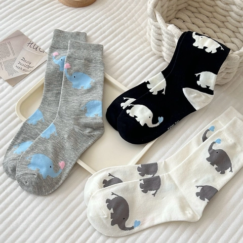 Cute Elephant Pattern Mid Calf Socks Women Cotton Breathable Heart Print Japanese Style Casual Crew Socks