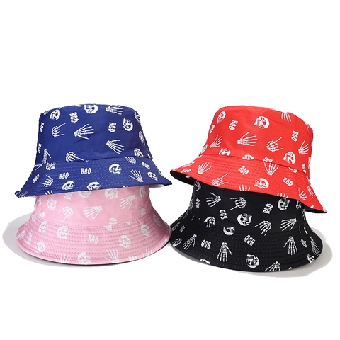 Halloween Skull Skeleton Hand Printed Bucket Hat For Women Men Gothic Sun Protection Polyester Foldable Outdoor Fisherman Hat