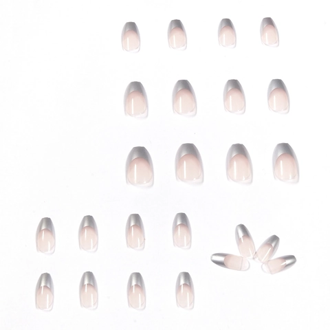 Press On Nails Coffin French Tip Mirror Silver Metallic Finish Fake Nails For Women Short Ballerina Artificial Finger Nails