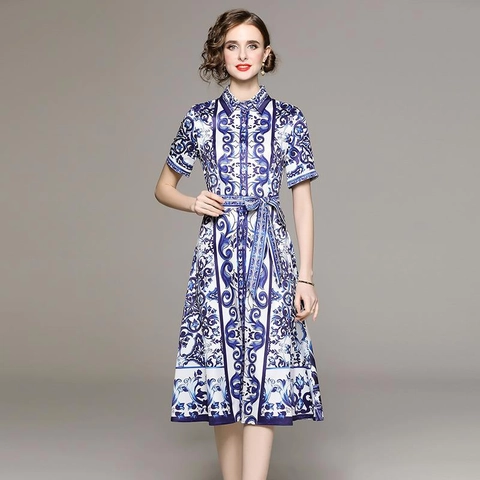 Floral Print Shirt Dress Chiffon Blue White Porcelain Style Short Sleeve Midi Length Belted Elegant Retro For Women
