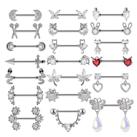 Anneaux De Mamelon En Acier Inoxydable Studs Barbell Piercing Zircon Fleur Serpent Ciseaux Lune Coeur Animal Bijoux De Corps