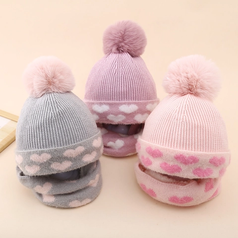 Kids Knit Hat And Scarf Heart Jacquard Acrylic Fleece Lined Pom Pom Winter Warm Thermal For Girls