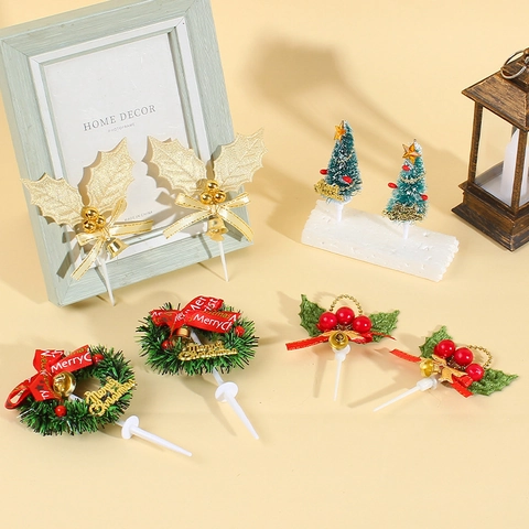 Decorazione Per Torta Di Natale Mini Albero Corona Foglia Di Agrifoglio Con Campana Plastica Tessuto Festa