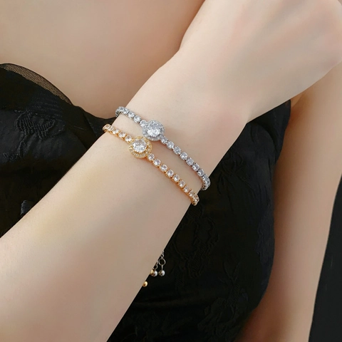 Bracciale Bolo Halo In Zirconia Cubica Rotonda Regolabile Rame Strass Catena Tennis Gioielli Eleganti Per Donna