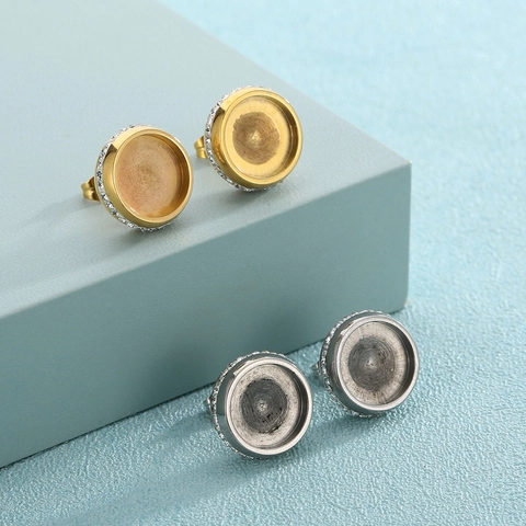 Stainless Steel Round Zircon Earrings Micro Pave Halo Ear Studs Blanks DIY Jewelry Making Fashion Accessories Women