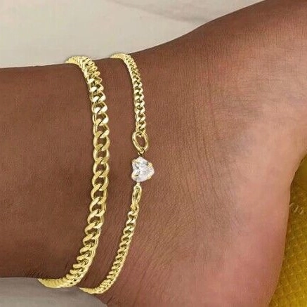 Layered Stainless Steel Anklets Heart Zircon Pendant Cuban Chain Fashion Foot Jewelry For Women Summer Beach Accessory