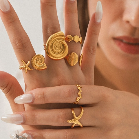 Anillo In Acciaio Inossidabile Tema Oceano Stella Marina Conchiglia Delfino Regolabile Aperto Gioielli Per Donne Placcato Oro Stile Estate