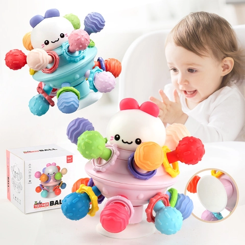 Baby Atomic Ball Teether Toy Soft Silicone Sensory Rattle With Suction Cup Educational Toddler Gift
