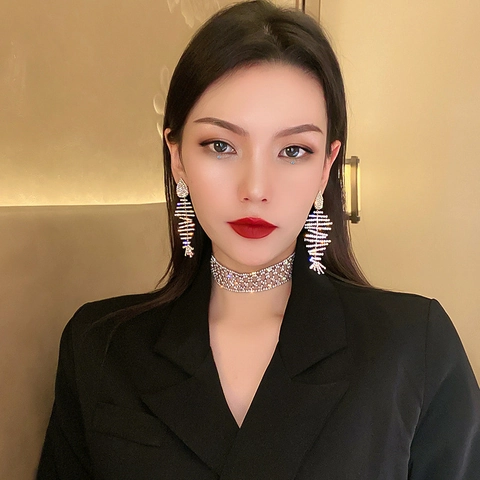 Exaggerated Fishbone Drop Earrings With 925 Sterling Silver Earring Post Alloy Full Rhinestone Hip Hop Jewelry For Women