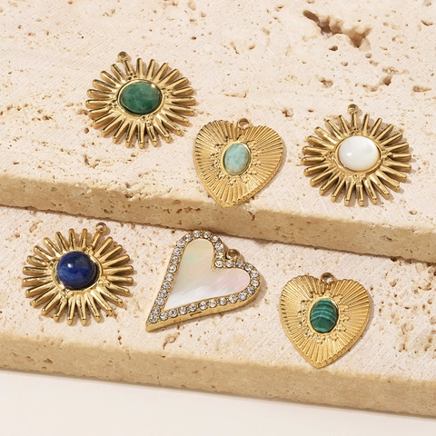 Vintage Heart Sunburst DIY Pendant Charm Stainless Steel Natural Stone Shell Rhinestone Bohemian Jewelry Making