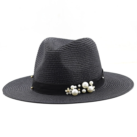 Women Fedora Straw Hat Elegant Wide Brim Sun Protection Summer Beach Paper Straw With Artificial Pearl And Flower Decor