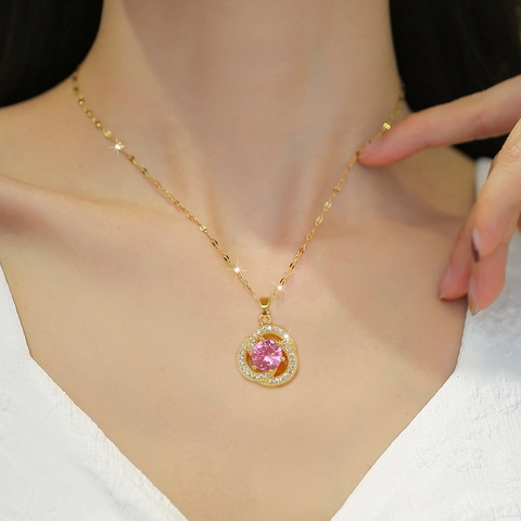 Roze Edelsteen Hanger Ketting Roestvrijstalen Ketting Koper Zirkoon Pave Vrouwen Bruiloft Banket Luxe Elegante Sieraden