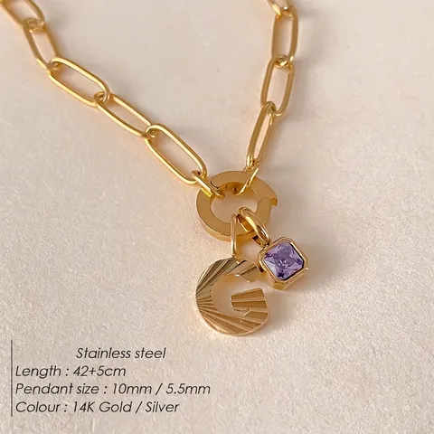 Edelstahl Büroklammerkette Halskette Für Damen Personalisierte Diamantschliff Buchstabe Anhänger Lila Strass Schmuck Geschenk