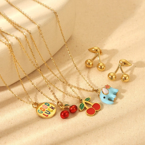 Stainless Steel Enamel Cherry Elephant Pendant Necklace For Women Gold Plated Fruit Animal Good Luck Jewelry Necklace