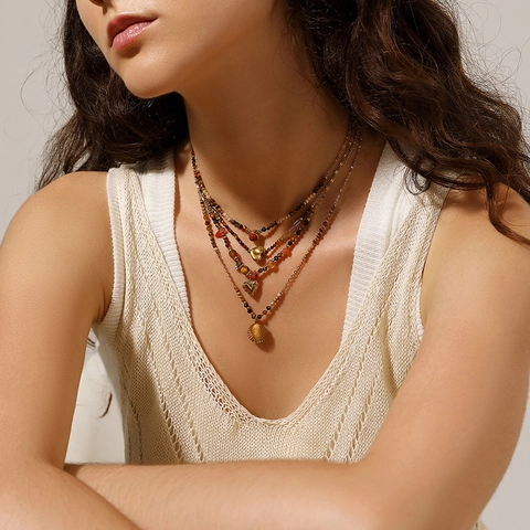 Bohemian Natural Stone Beaded Necklace For Women 304 Stainless Steel Gold Plated Heart Sun Pendant Clavicle Chain Jewelry