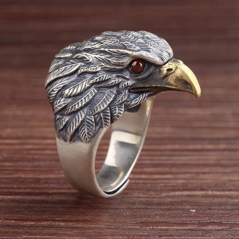 Vintage Eagle Head Ring Men Antique Silver Color Golden Beak Red Zircon Eye Open Adjustable Punk Rock Jewelry