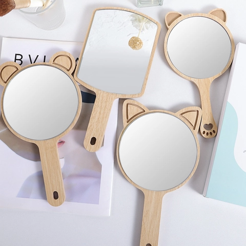 Wooden Handheld Makeup Mirror With Handle Cute Animal Ears Portable HD Personal Cosmetic Mirror For Beauty Salon