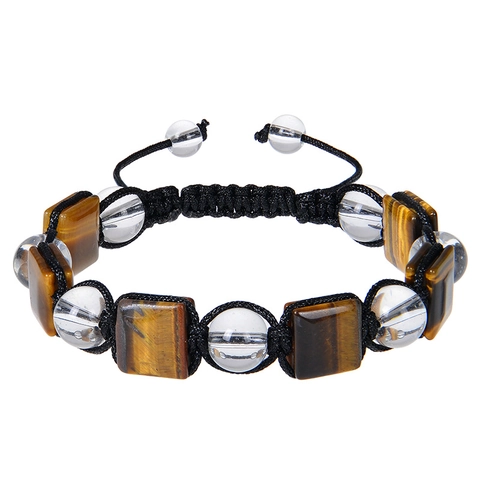 Bracciale con Perline di Occhio di Tigre Naturale Quadrato e Cristallo Bianco Bracciale Intrecciato a Mano con Cordino Regolabile per Donna Regalo Gioielli Boho