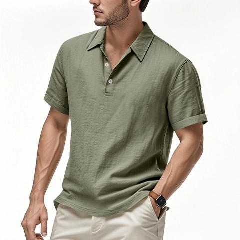 Men's Summer Linen Short Sleeve Polo Shirt Breathable Lightweight Casual British Style Solid Color Beach Top For Men