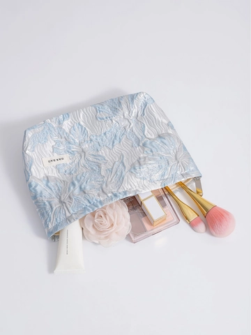 Floral Jacquard Cosmetic Bag Portable Travel Makeup Pouch With Flower Zipper Pull Sweet Elegant Organizer For Women