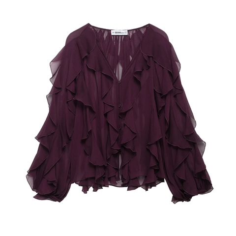 Dames Elegante Ruffle Blouse Lange Mouw Opstaande Kraag Enkele Rij Knoppen Gelaagd Hemd Casual Effen Kleur Polyester Top