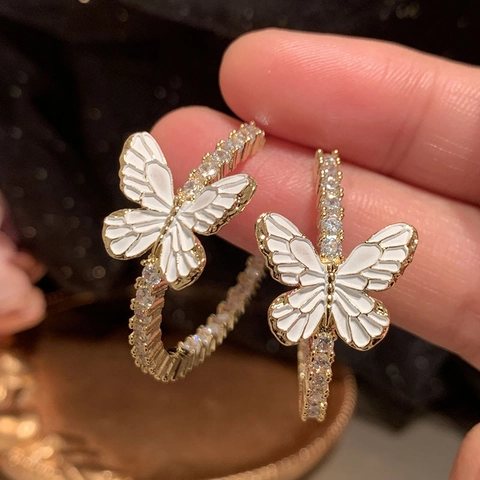 Schmetterling Creolen Kupfer Mit Zirkonia Weißer Emaille Vergoldet Elegant Mode Für Frauen