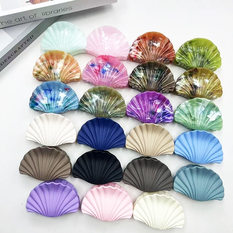 Hair Claw Clip Shell Shaped Acetate Acrylic Resin Marble Pattern Matte Elegant Fan Design Fashionable For Women Girls