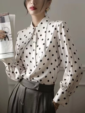 Elegant Polka Dot Blouse Women Satiny Polyester Pointed Collar Lantern Long Sleeve French Vintage Office Shirt