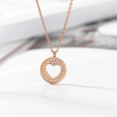 Collar Con Colgante De Círculo De Corazón Hueco Acero Inoxidable Chapado En Oro De 18K Zirconia Estilo Coreano Joyería Minimalista