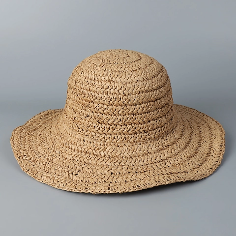 Women Straw Sun Hat Wide Brim Foldable Paper Crochet Beach Cap Breathable Summer Vacation Elegant Hand Woven Adjustable