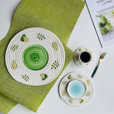 Round Woven Cotton Rope Placemats Heat Insulated Coasters For Dining Table Boho Fruit Floral Printed Plate Pads Pot Mats