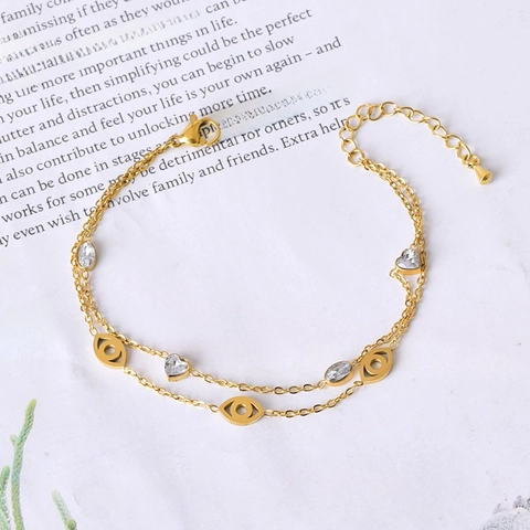 Neo-Chinees Dubbellaags Titaniumstaal Armband Voor Dames Vergulde Holle Bloem Boze Oog Hart Zirconia Bedelarmband Sieraden