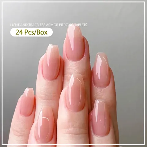Press On Nails French Gradient Nude Pink Rhinestone Glitter Long Trapezoid Almond Shape Acrylic DIY Manicure For Women