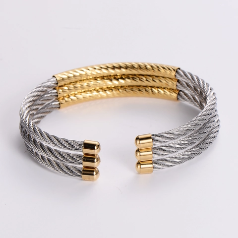 Triple Layer Cable Wire Bracelet Stainless Steel Two-Tone Plated Men Open Cuff Jewelry Streetwear Simple Fashion
